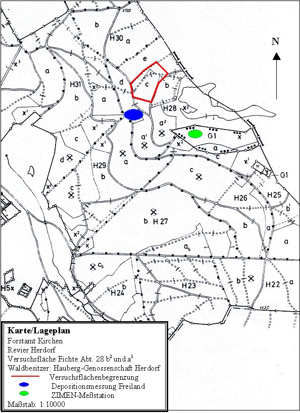 Lageskizze der Dauerbeobachtungsfläche Karte/Lageplan Forstamt Kirchen, Revier Herdorf, Versuchsfläche Fichte, Abt. 28 b2 und a1, Waldbesitzer: Hauberg-Genossenschaft Herdorf, Depositionsmessung Freiland, ZIMEN-Meßstation, Maßstab 1:10000