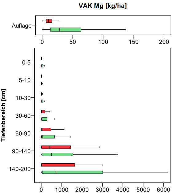 Boxplot Tiefenprofil der bodenchemischen Kennwerte, Kohlenstoff- und Nährstoffvorräte; Mg Vorrat [kg/ha] (BZE I 1989 rot; BZE II 2006 grün)