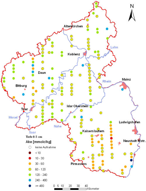 Landesweite Übersichtskarte Rheinland-Pfalz der BZE II, Austauschbare Kationen AKe (AKt) Mineralboden, Tiefenstufe 0-5 cm; ökochemische Klassen)