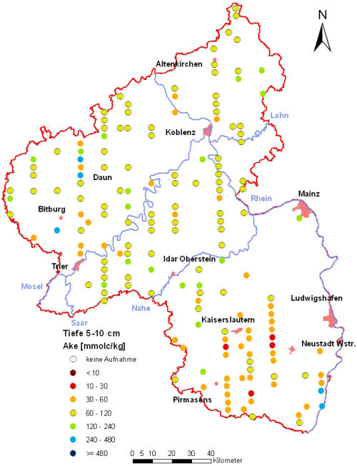 Landesweite Übersichtskarte Rheinland-Pfalz der BZE II, Austauschbare Kationen AKe (AKt) (Mineralboden, Tiefenstufe 5-10 cm; ökochemische Klassen)