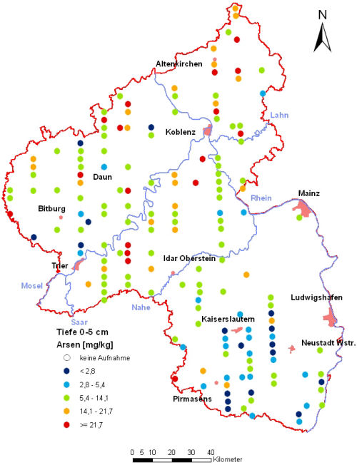 Landesweite Übersichtskarte Rheinland-Pfalz der BZE II, Arsen [mg/kg] (Mineralboden, Tiefenstufe 0-5 cm; Königswasser; Perzentilklassen)
