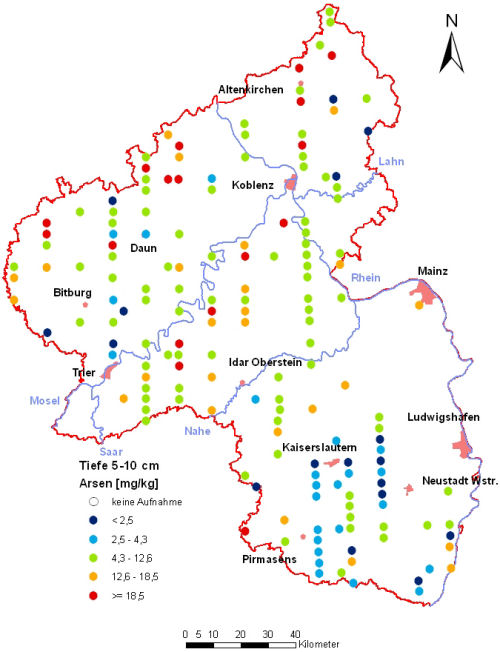 Landesweite Übersichtskarte Rheinland-Pfalz der BZE II, Arsen [mg/kg] (Mineralboden, Tiefenstufe 5-10 cm; Königswasser; Perzentilklassen)