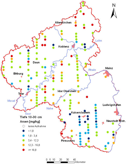 Landesweite Übersichtskarte Rheinland-Pfalz der BZE II, Arsen [mg/kg] (Mineralboden, Tiefenstufe 10-30 cm; Königswasser; Perzentilklassen)