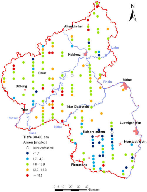 Landesweite Übersichtskarte Rheinland-Pfalz der BZE II, Arsen [mg/kg] (Mineralboden, Tiefenstufe 30-60 cm; Königswasser; Perzentilklassen)