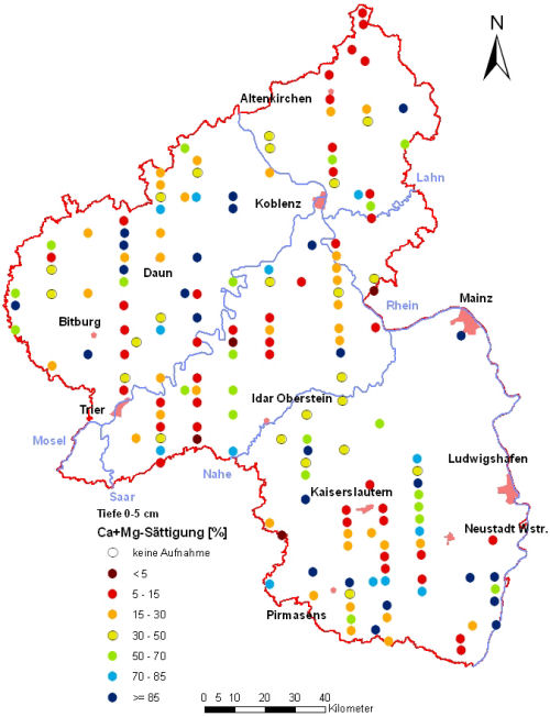 Landesweite Übersichtskarte Rheinland-Pfalz der BZE II, Ca+Mg-Sättigung [%] (Mineralboden, Tiefenstufe 0-5 cm; ökochemische Klassen)