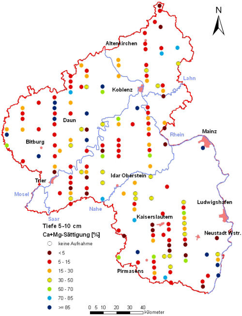 Landesweite Übersichtskarte Rheinland-Pfalz der BZE II, Ca+Mg-Sättigung [%] (Mineralboden, Tiefenstufe 5-10 cm; ökochemische Klassen)