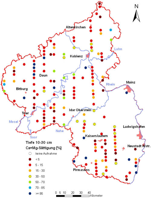 Landesweite Übersichtskarte Rheinland-Pfalz der BZE II, Ca+Mg-Sättigung [%] (Mineralboden, Tiefenstufe 10-30 cm; ökochemische Klassen)