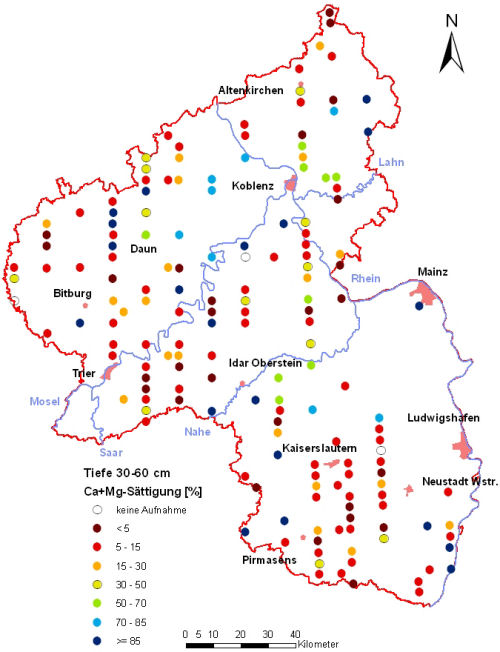Landesweite Übersichtskarte Rheinland-Pfalz der BZE II, Ca+Mg-Sättigung [%] (Mineralboden, Tiefenstufe 30-60 cm; ökochemische Klassen)