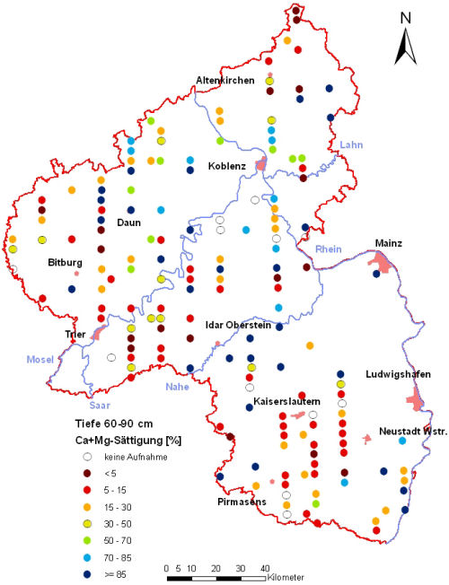 Landesweite Übersichtskarte Rheinland-Pfalz der BZE II, Ca+Mg-Sättigung [%] (Mineralboden, Tiefenstufe 60-90 cm; ökochemische Klassen)