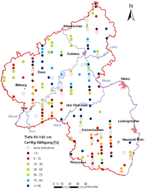 Landesweite Übersichtskarte Rheinland-Pfalz der BZE II, Ca+Mg-Sättigung [%] (Mineralboden, Tiefenstufe 90-140 cm; ökochemische Klassen)