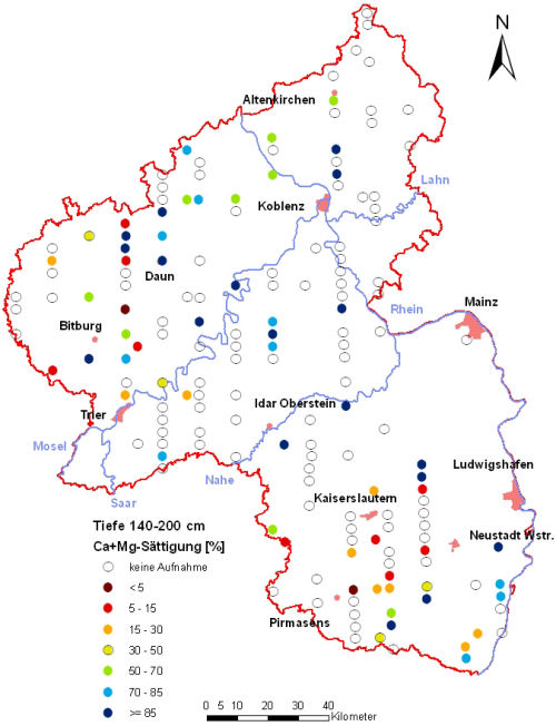 Landesweite Übersichtskarte Rheinland-Pfalz der BZE II, Ca+Mg-Sättigung [%] (Mineralboden, Tiefenstufe 140-200 cm; ökochemische Klassen)