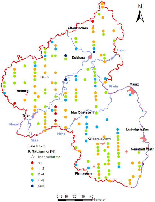 Landesweite Übersichtskarte Rheinland-Pfalz der BZE II, K-Sättigung [%] (Mineralboden, Tiefenstufe 0-5 cm; ökochemische Klassen)