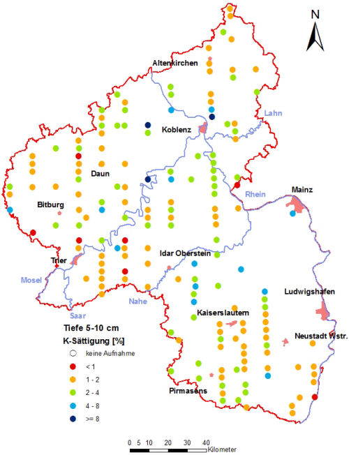Landesweite Übersichtskarte Rheinland-Pfalz der BZE II, K-Sättigung [%] (Mineralboden, Tiefenstufe 5-10 cm; ökochemische Klassen)