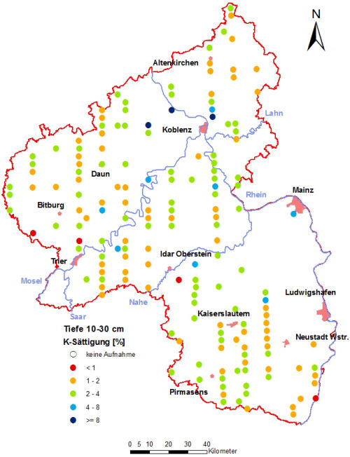 Landesweite Übersichtskarte Rheinland-Pfalz der BZE II, K-Sättigung [%] (Mineralboden, Tiefenstufe 10-30 cm; ökochemische Klassen)