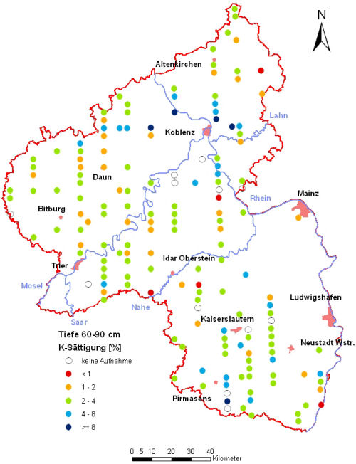 Landesweite Übersichtskarte Rheinland-Pfalz der BZE II, K-Sättigung [%] (Mineralboden, Tiefenstufe 60-90 cm; ökochemische Klassen)