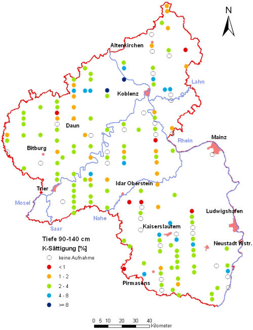 Landesweite Übersichtskarte Rheinland-Pfalz der BZE II, K-Sättigung [%] (Mineralboden, Tiefenstufe 90-140 cm; ökochemische Klassen)
