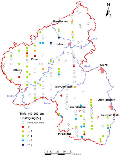 Landesweite Übersichtskarte Rheinland-Pfalz der BZE II, K-Sättigung [%] (Mineralboden, Tiefenstufe 140-200 cm; ökochemische Klassen)