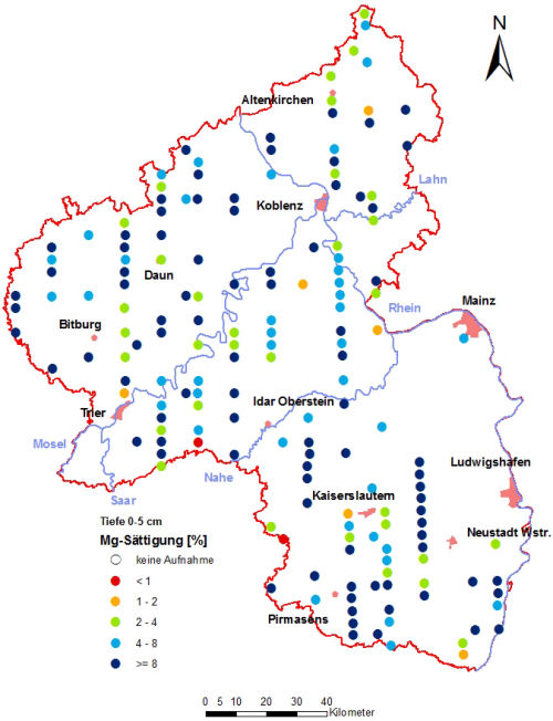Landesweite Übersichtskarte Rheinland-Pfalz der BZE II, Mg-Sättigung [%] (Mineralboden, Tiefenstufe 0-5 cm; ökochemische Klassen)
