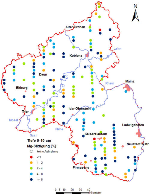 Landesweite Übersichtskarte Rheinland-Pfalz der BZE II, Mg-Sättigung [%] (Mineralboden, Tiefenstufe 5-10 cm; ökochemische Klassen)