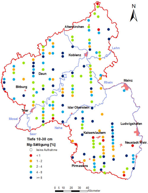 Landesweite Übersichtskarte Rheinland-Pfalz der BZE II, Mg-Sättigung [%] (Mineralboden, Tiefenstufe 10-30 cm; ökochemische Klassen)