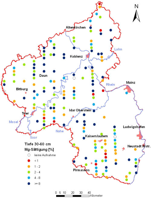 Landesweite Übersichtskarte Rheinland-Pfalz der BZE II, Mg-Sättigung [%] (Mineralboden, Tiefenstufe 30-60 cm; ökochemische Klassen)