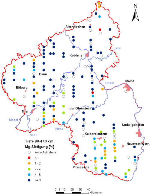 Landesweite Übersichtskarte Rheinland-Pfalz der BZE II, Mg-Sättigung [%] (Mineralboden, Tiefenstufe 90-140 cm; ökochemische Klassen)