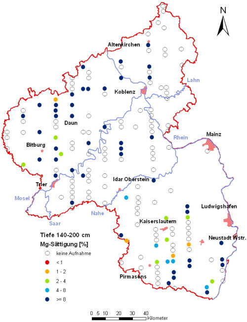 Landesweite Übersichtskarte Rheinland-Pfalz der BZE II, Mg-Sättigung [%] (Mineralboden, Tiefenstufe 140-200 cm; ökochemische Klassen)