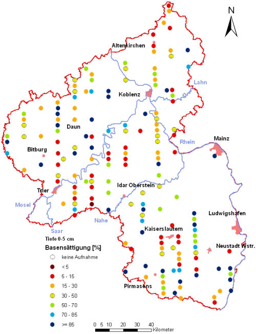 Landesweite Übersichtskarte Rheinland-Pfalz der BZE II, Basensättigung [%] (Mineralboden, Tiefenstufe 0-5 cm; ökochemische Klassen)