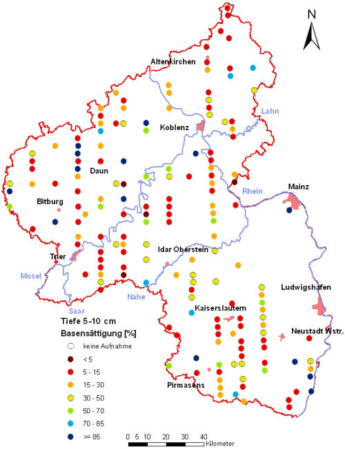 Landesweite Übersichtskarte Rheinland-Pfalz der BZE II, Basensättigung [%] (Mineralboden, Tiefenstufe 5-10 cm; ökochemische Klassen)