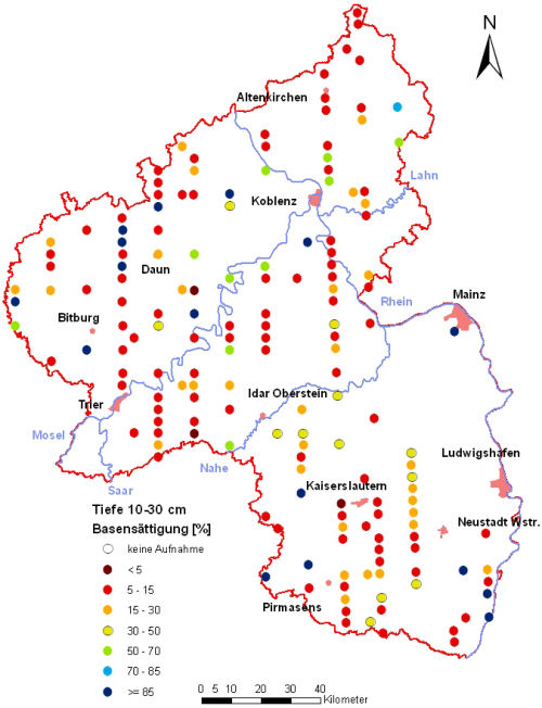 Landesweite Übersichtskarte Rheinland-Pfalz der BZE II, Basensättigung [%] (Mineralboden, Tiefenstufe 10-30 cm; ökochemische Klassen)
