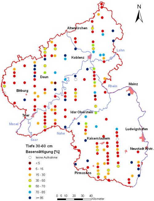 Landesweite Übersichtskarte Rheinland-Pfalz der BZE II, Basensättigung [%] (Mineralboden, Tiefenstufe 30-60 cm; ökochemische Klassen)