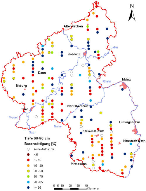 Landesweite Übersichtskarte Rheinland-Pfalz der BZE II, Basensättigung [%] (Mineralboden, Tiefenstufe 60-90 cm; ökochemische Klassen)