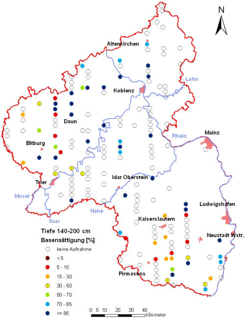 Landesweite Übersichtskarte Rheinland-Pfalz der BZE II, Basensättigung [%] (Mineralboden, Tiefenstufe 140-200 cm; ökochemische Klassen)
