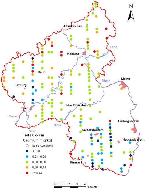 Landesweite Übersichtskarte Rheinland-Pfalz der BZE II, Cadmium [mg/kg] (Mineralboden, Tiefenstufe 0-5 cm; Königswasser; Perzentilklassen)