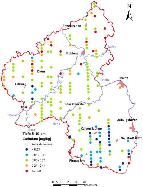 Landesweite Übersichtskarte Rheinland-Pfalz der BZE II, Cadmium [mg/kg] (Mineralboden, Tiefenstufe 5-10 cm; Königswasser; Perzentilklassen)