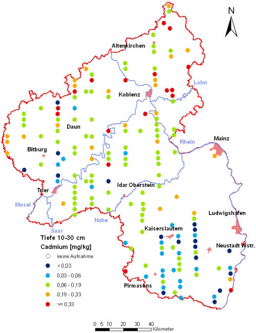 Landesweite Übersichtskarte Rheinland-Pfalz der BZE II, Cadmium [mg/kg] (Mineralboden, Tiefenstufe 10-30 cm; Königswasser; Perzentilklassen)