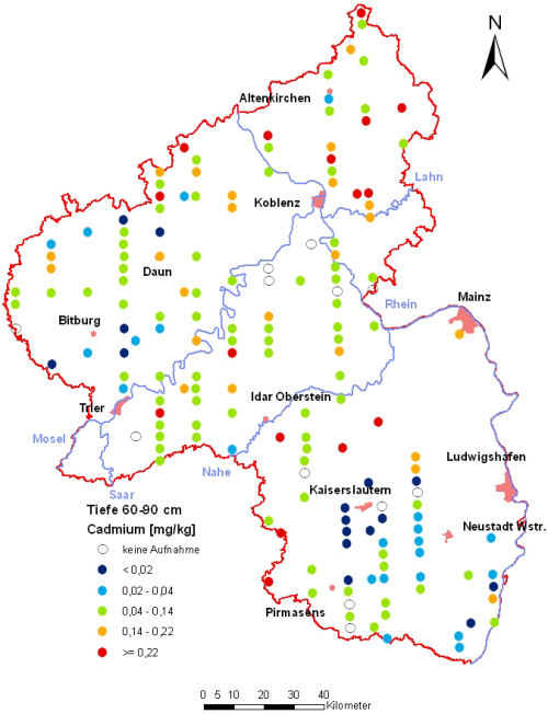 Landesweite Übersichtskarte Rheinland-Pfalz der BZE II, Cadmium [mg/kg] (Mineralboden, Tiefenstufe 60-90 cm; Königswasser; Perzentilklassen)
