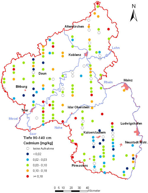 Landesweite Übersichtskarte Rheinland-Pfalz der BZE II, Cadmium [mg/kg] (Mineralboden, Tiefenstufe 90-140 cm; Königswasser; Perzentilklassen)