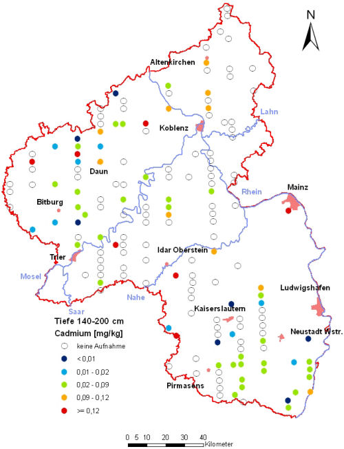 Landesweite Übersichtskarte Rheinland-Pfalz der BZE II, Cadmium [mg/kg] (Mineralboden, Tiefenstufe 140-200 cm; Königswasser; Perzentilklassen)