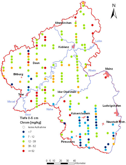 Landesweite Übersichtskarte Rheinland-Pfalz der BZE II, Chrom [mg/kg] (Mineralboden, Tiefenstufe 0-5 cm; Königswasser; Perzentilklassen)