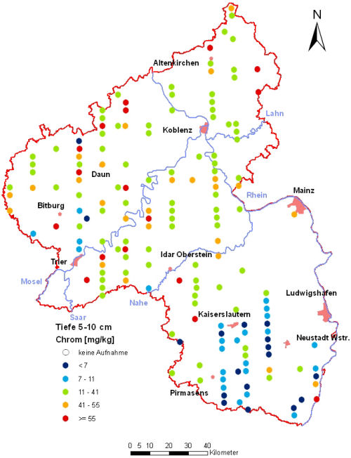 Landesweite Übersichtskarte Rheinland-Pfalz der BZE II, Chrom [mg/kg] (Mineralboden, Tiefenstufe 5-10 cm; Königswasser; Perzentilklassen)