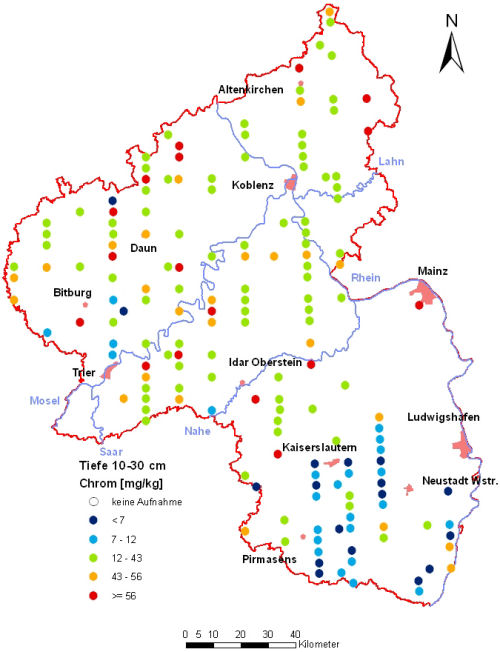 Landesweite Übersichtskarte Rheinland-Pfalz der BZE II, Chrom [mg/kg] (Mineralboden, Tiefenstufe 10-30 cm; Königswasser; Perzentilklassen)