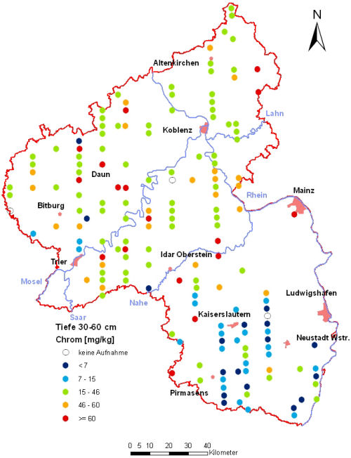 Landesweite Übersichtskarte Rheinland-Pfalz der BZE II, Chrom [mg/kg] (Mineralboden, Tiefenstufe 30-60 cm; Königswasser; Perzentilklassen)