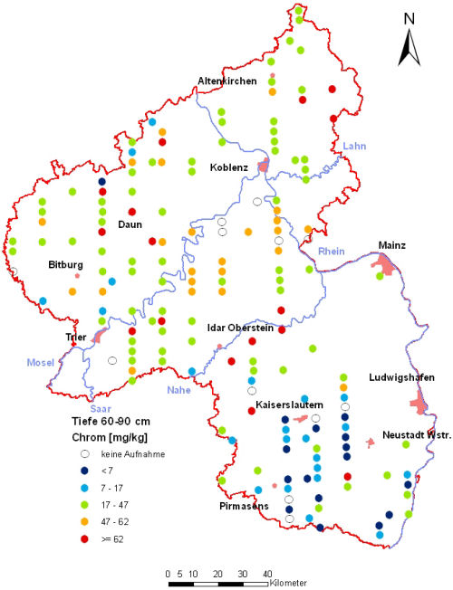 Landesweite Übersichtskarte Rheinland-Pfalz der BZE II, Chrom [mg/kg] (Mineralboden, Tiefenstufe 60-90 cm; Königswasser; Perzentilklassen)