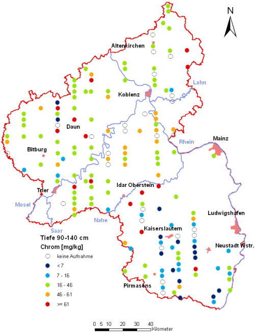 Landesweite Übersichtskarte Rheinland-Pfalz der BZE II, Chrom [mg/kg] (Mineralboden, Tiefenstufe 90-140 cm; Königswasser; Perzentilklassen)