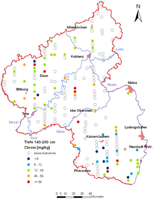 Landesweite Übersichtskarte Rheinland-Pfalz der BZE II, Chrom [mg/kg] (Mineralboden, Tiefenstufe 140-200 cm; Königswasser; Perzentilklassen)