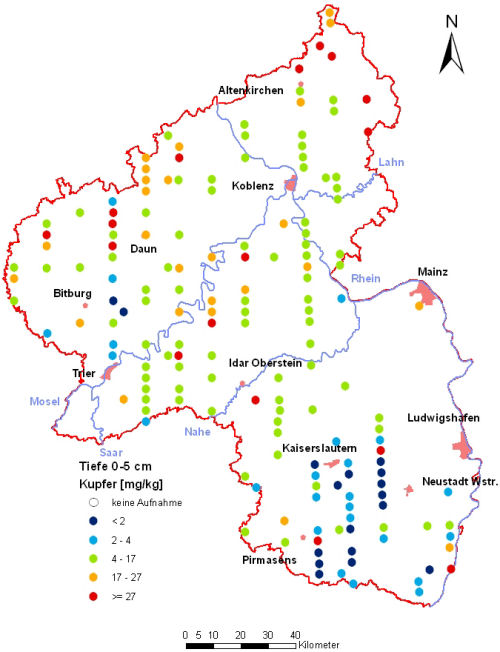 Landesweite Übersichtskarte Rheinland-Pfalz der BZE II, Kupfer [mg/kg] (Mineralboden, Tiefenstufe 0-5 cm; Königswasser; Perzentilklassen)