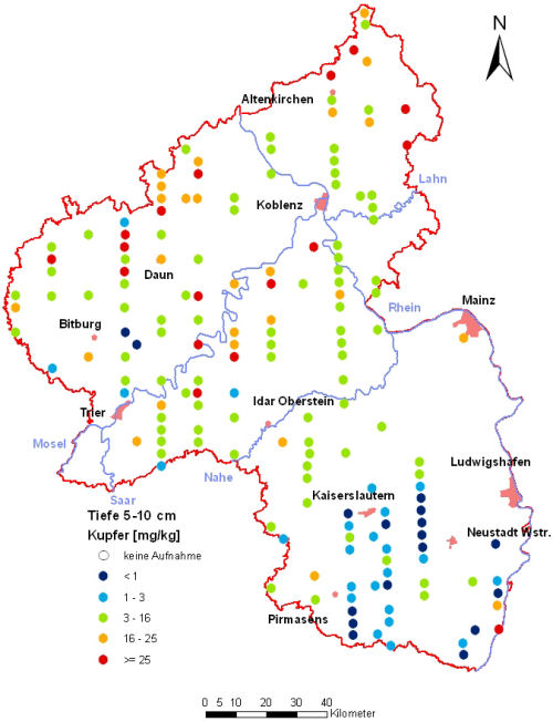 Landesweite Übersichtskarte Rheinland-Pfalz der BZE II, Kupfer [mg/kg] (Mineralboden, Tiefenstufe 5-10 cm; Königswasser; Perzentilklassen)