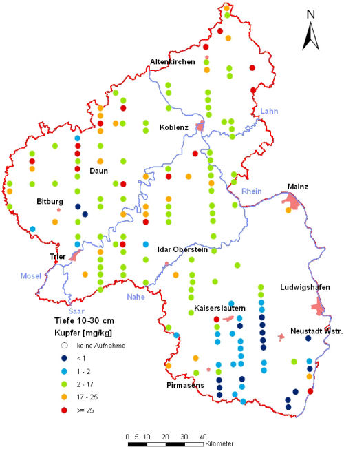Landesweite Übersichtskarte Rheinland-Pfalz der BZE II, Kupfer [mg/kg] (Mineralboden, Tiefenstufe 10-30 cm; Königswasser; Perzentilklassen)