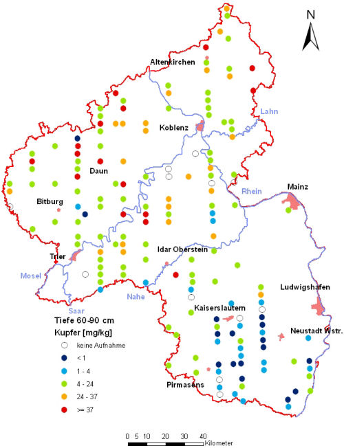 Landesweite Übersichtskarte Rheinland-Pfalz der BZE II, Kupfer [mg/kg] (Mineralboden, Tiefenstufe 60-90 cm; Königswasser; Perzentilklassen)